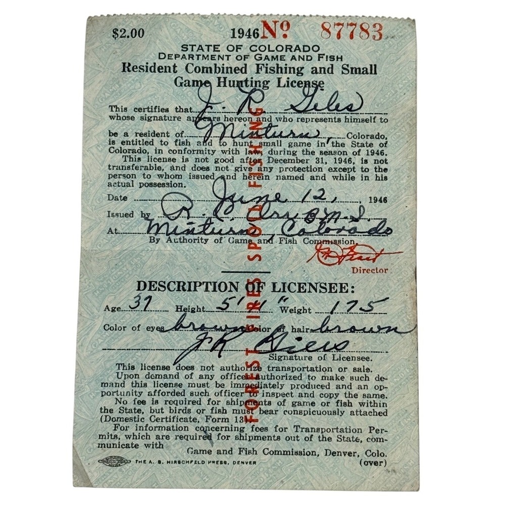 Colorado 1946 Fishing Hunting License Vintage Ephemera Minturn CO Paper Blue/Red
